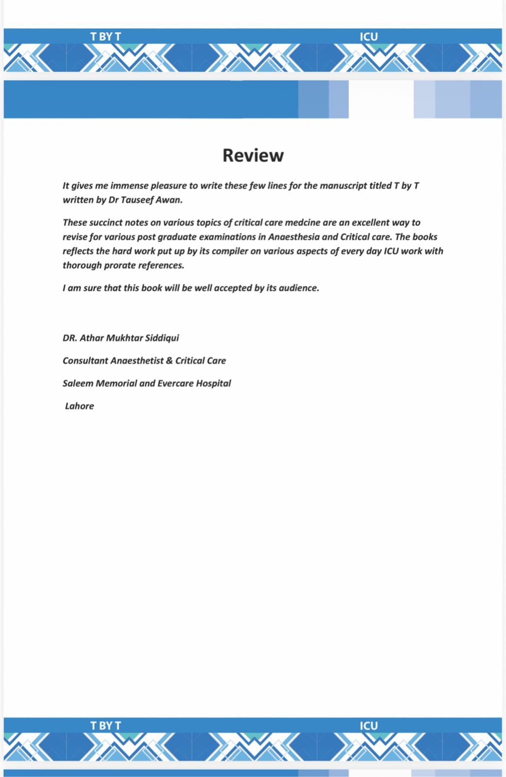 T BY T Tutorials by Tauseef FCPS,FRCA,FCAI,MS,EDIC (ICU) Javed Books